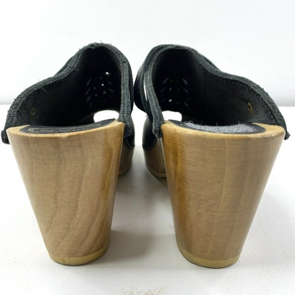 No. 6 Sven Clog Woven Slingback Peep Toe Wooden Heel Black Leather Shoes Size 38 - Picture 5 of 9